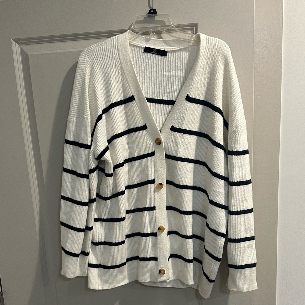 Elegant Black and White Striped Women's Cardigan